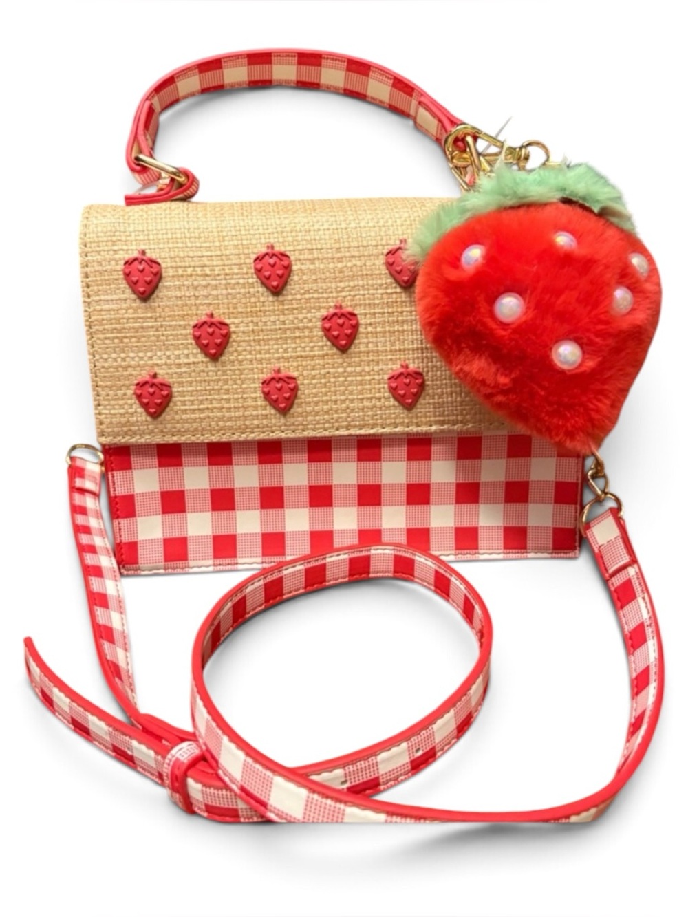 BETSEY Johnson strawberry gingham straw Crossbody bag NWT Red white picnic - Picture 4 of 13
